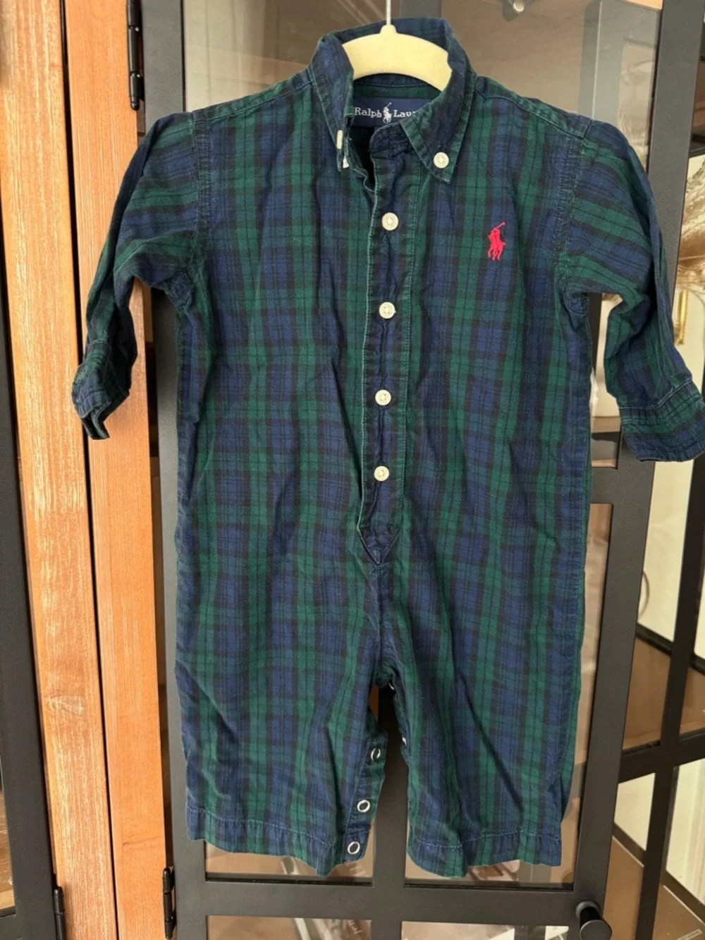 Ralph Lauren plaid coverall baby boy logo green navy long sleeve polo logo